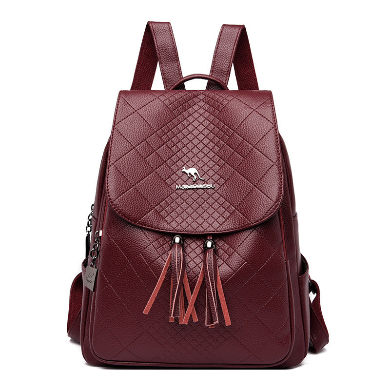 Women's Female Soft Leather Tassel Pendant Rhombus Backpacks