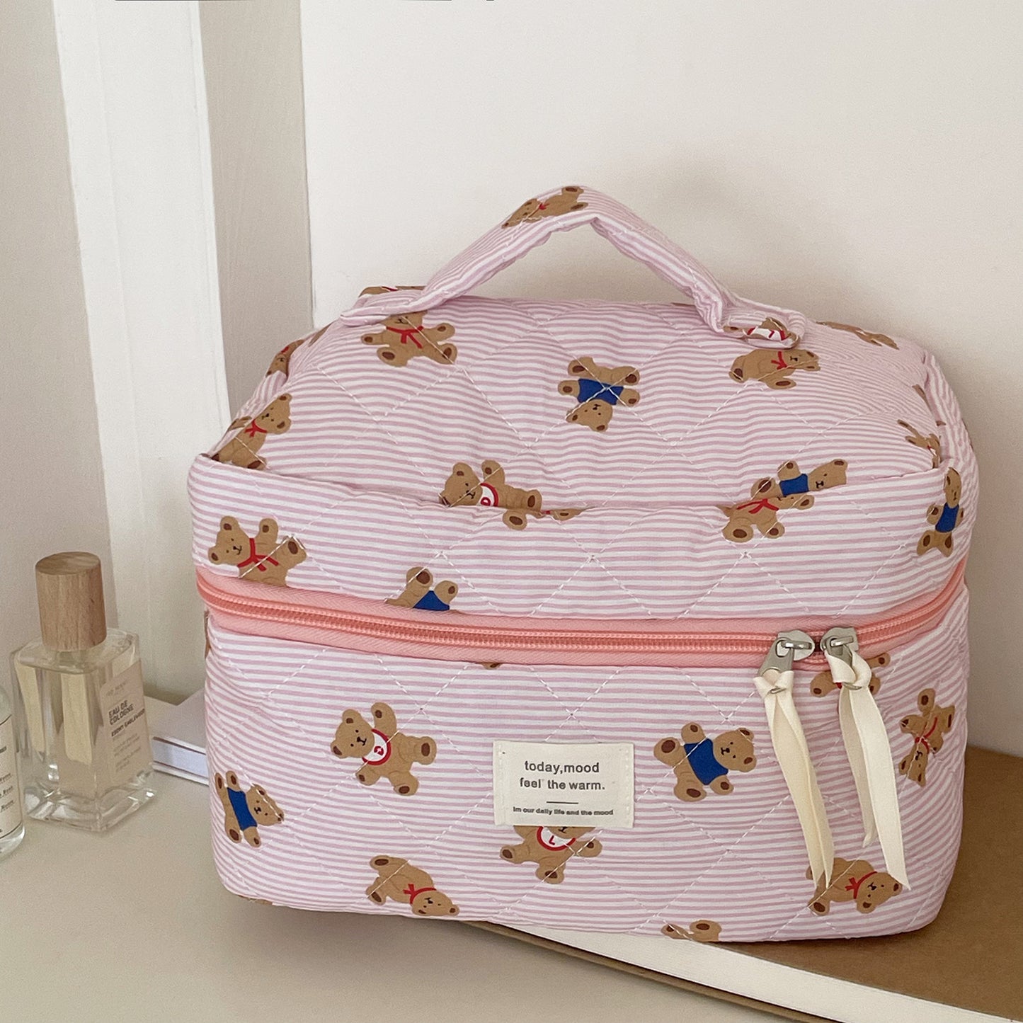 Blue Striped Bear Cartoon Girlish Portable Large Capacity Cosmetic Bags
