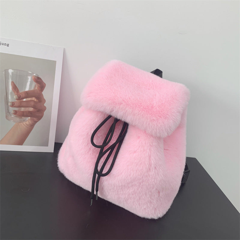 Plush Faux Rabbit Fur Large Capacity Drawstring Leopard Print Handbags