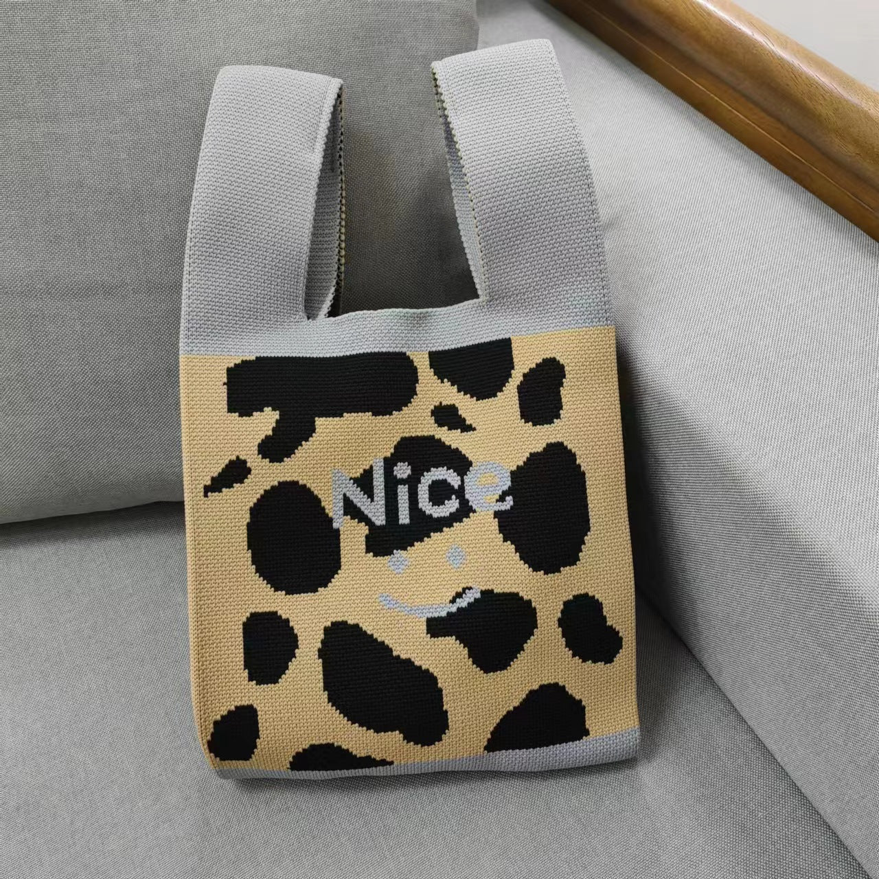 Women's Cow Spot Wool Knitted Woven Underarm Shoulder Bags