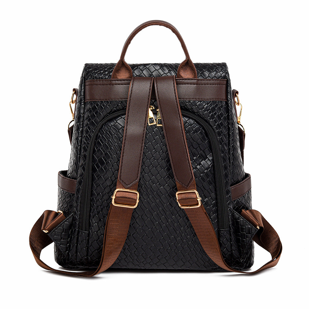 Women's Soft Leather Fashion Color Contrast Woven Backpacks