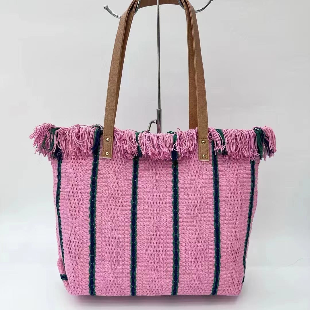 Women's Striped Tassel Portable Simple Versatile Large Tote Bags