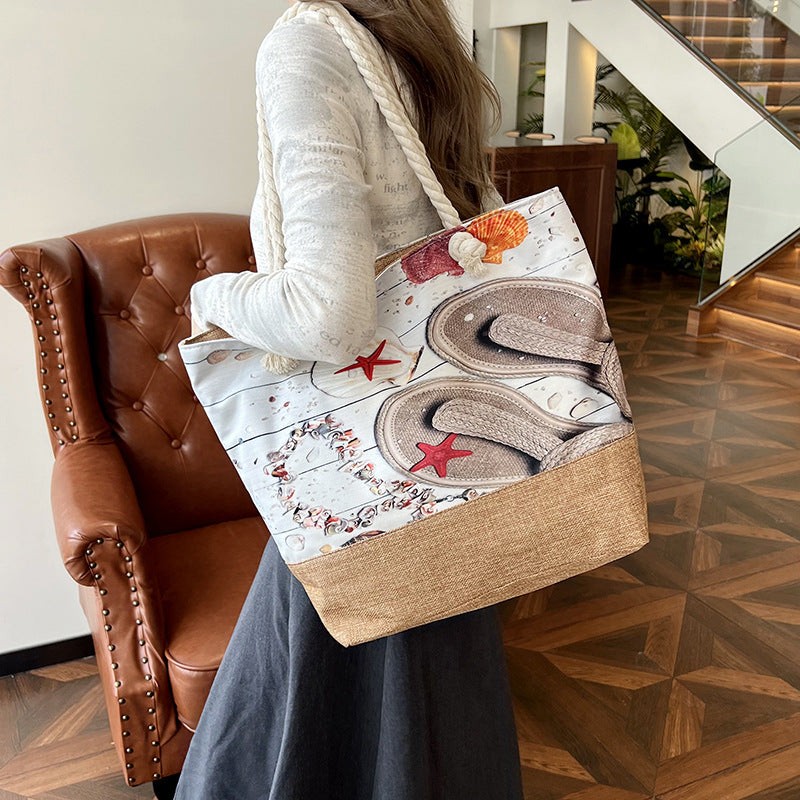 Women's Large Capacity Linen Printed Double-sided Cotton Shoulder Bags