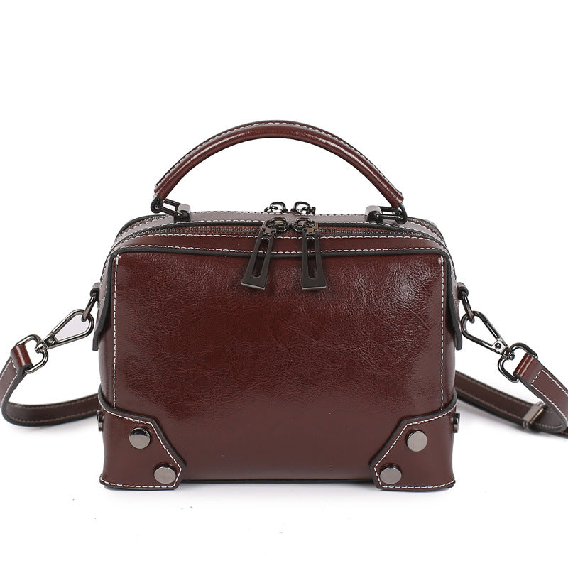 Women's Oil Wax Pure Genuine Leather Fan Shoulder Bags