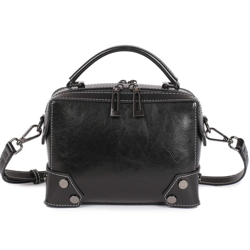 Women's Oil Wax Pure Genuine Leather Fan Shoulder Bags