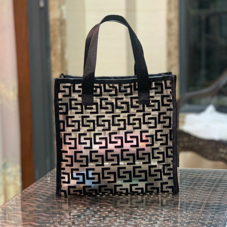 Women's Mesh Flocking Transparent Cutout Large Capacity Handbags