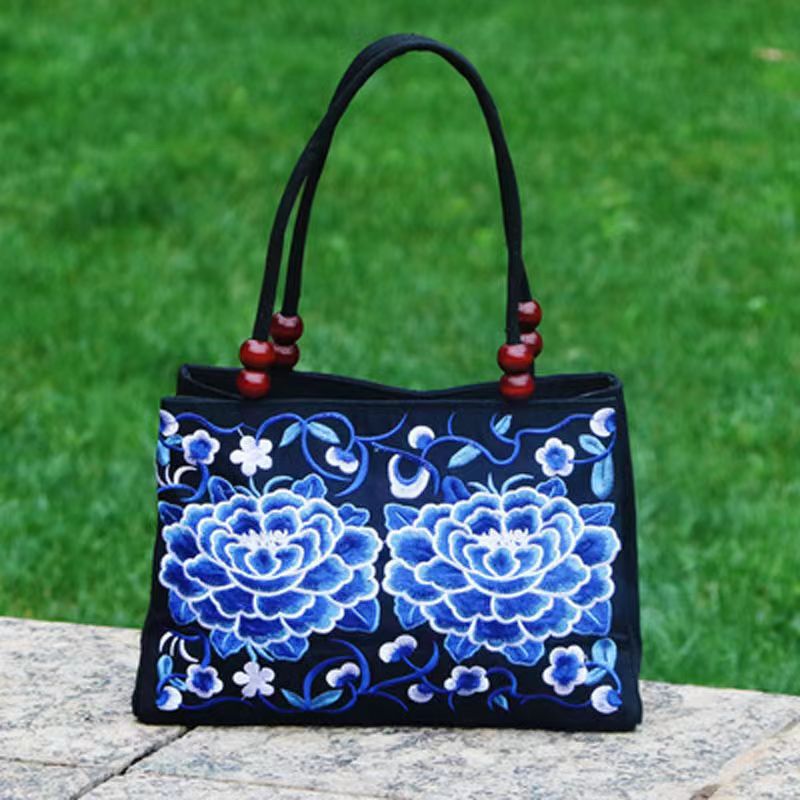 Style Double Sided Embroidery Wooden Bead Layer Zipper Portable Handbags
