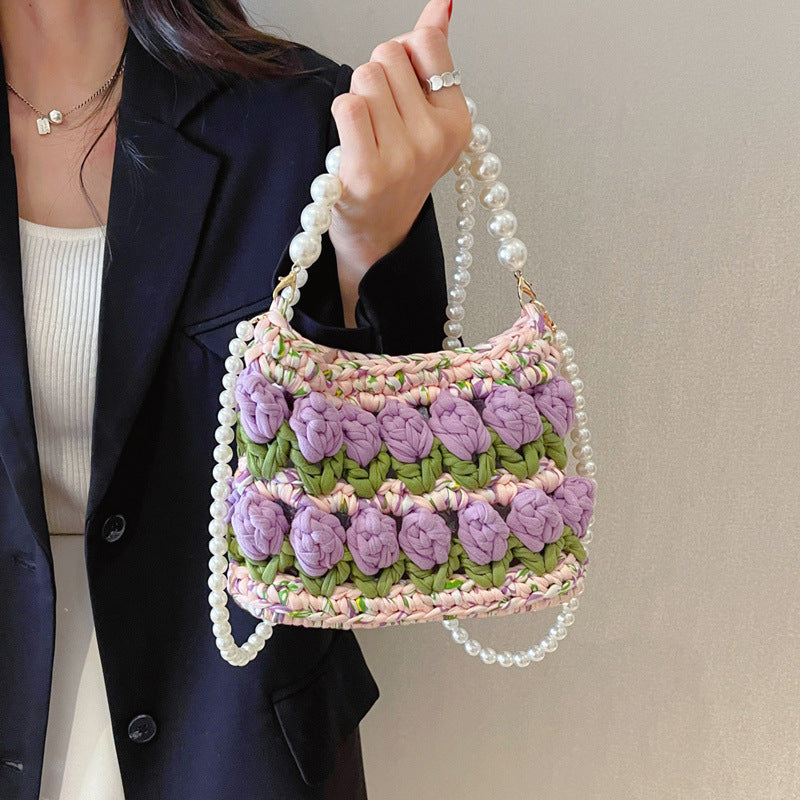 Fairy Style Tulip Hand-woven Strip Thread Material Pearl Crossbody Bags