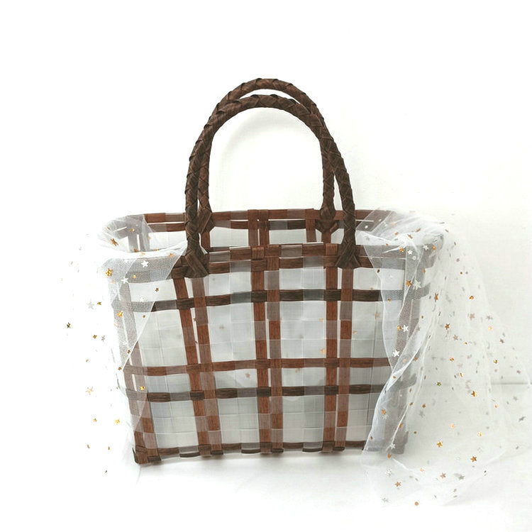 Women's Plastic Woven Star Moon Yarn Decorative Hand Gift Basket Handbags