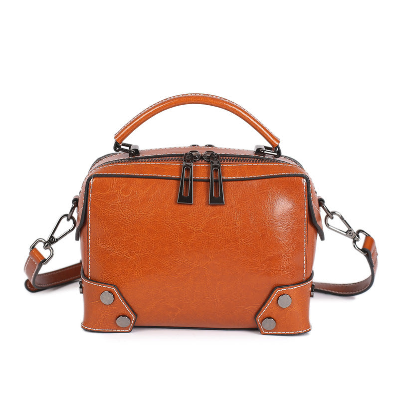 Women's Oil Wax Pure Genuine Leather Fan Shoulder Bags
