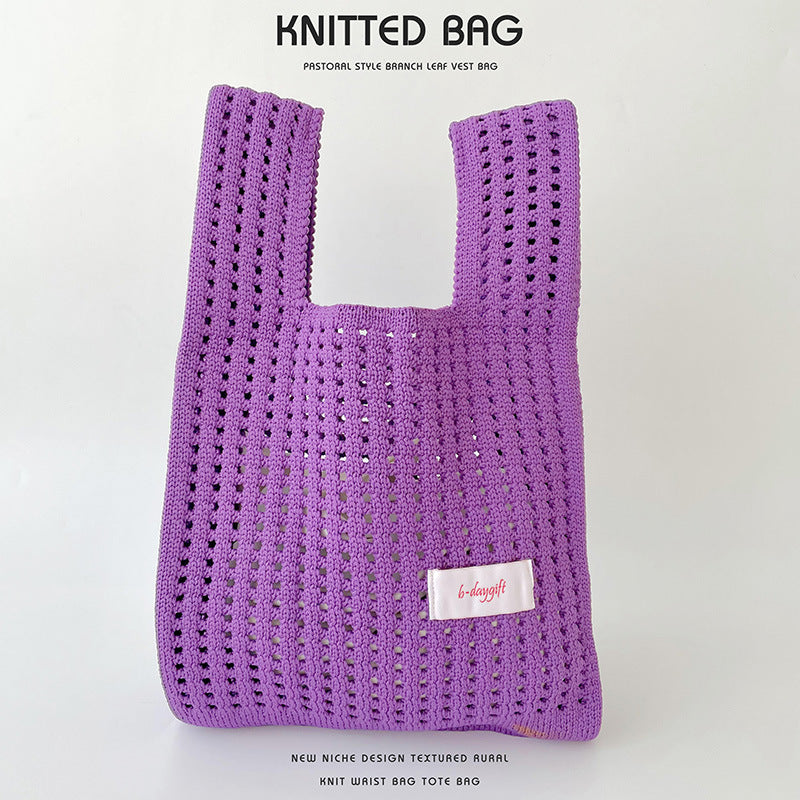 Simple Solid Color Knitted Hollow Hand Shoulder Bags