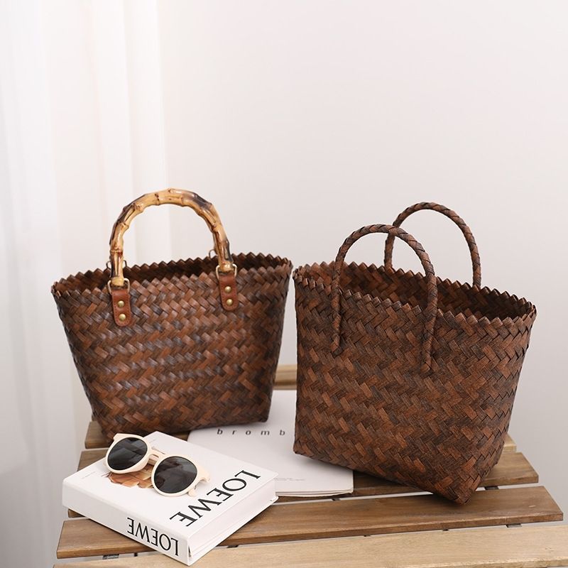 Women's Straw Woven Bamboo Beach Vintage Handle