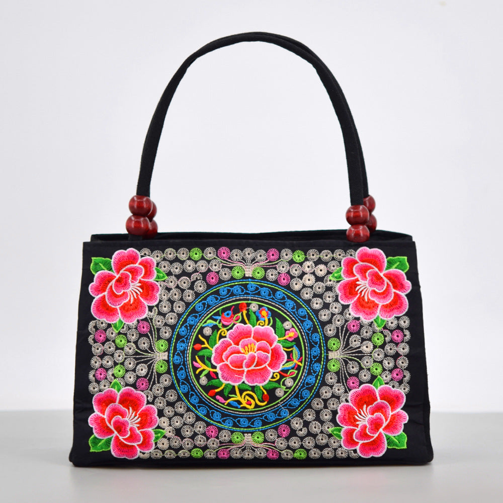 Style Double Sided Embroidery Wooden Bead Layer Zipper Portable Handbags