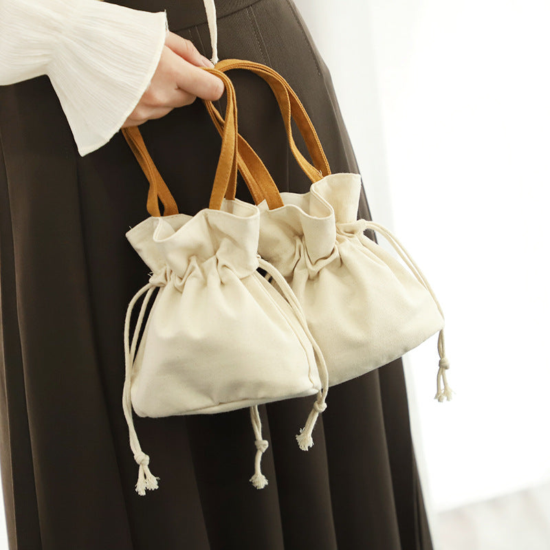 Pure Color Fresh Literary Canvas Simple Drawstring Hand Handbags