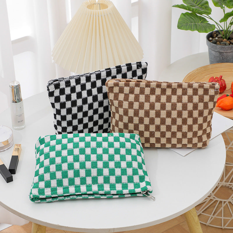 Wool Chessboard Grid Large Capacity Pencil Knitted Cosmetic Bags