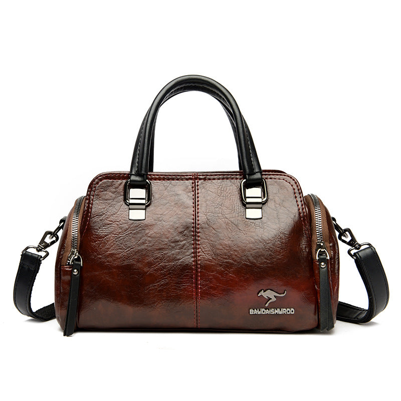 Women's Contrast Color Boston Pillow Soft Leather Portable Handbags