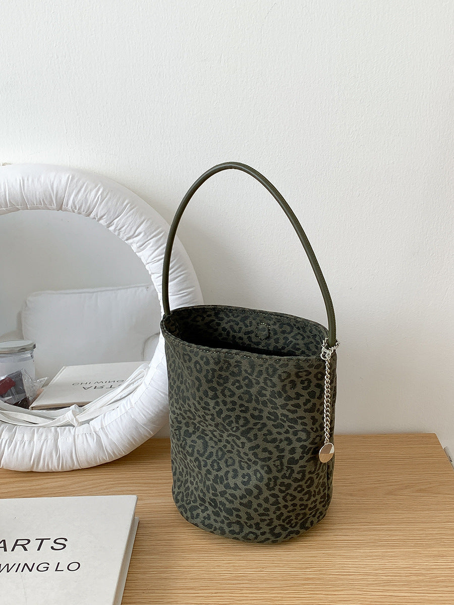 Women's Cylinder Leopard Print Stitching Design Portable Shoulder Bags
