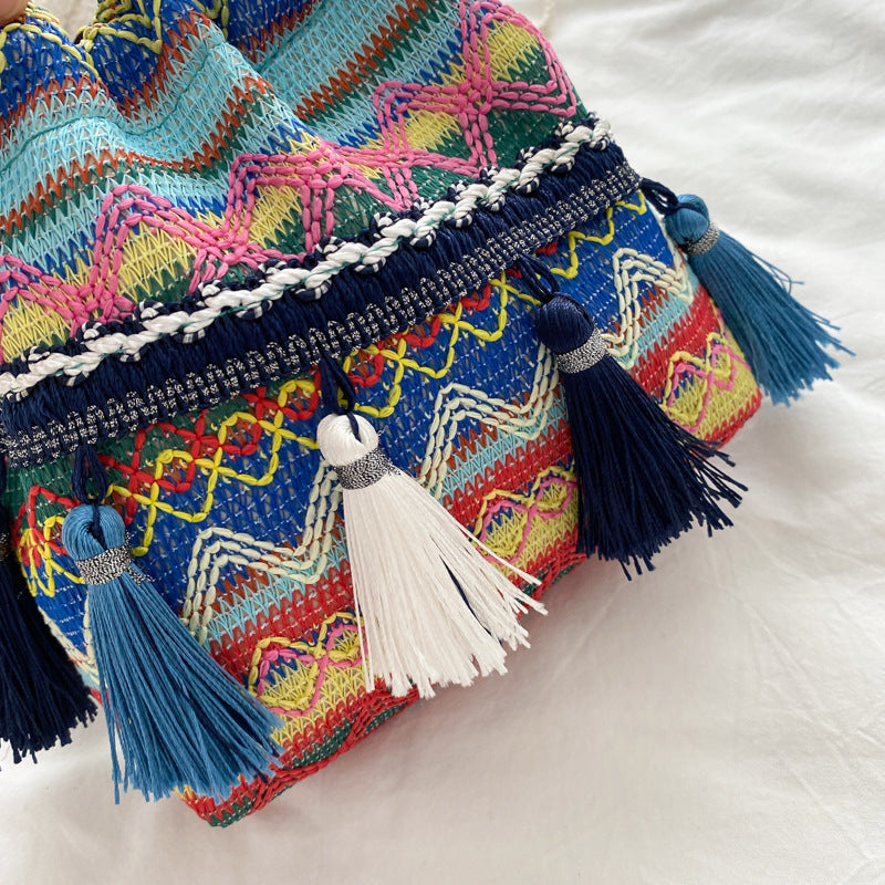 Women's Embroidery Striped Tassel Drawstring Yunnan Vintage Bags