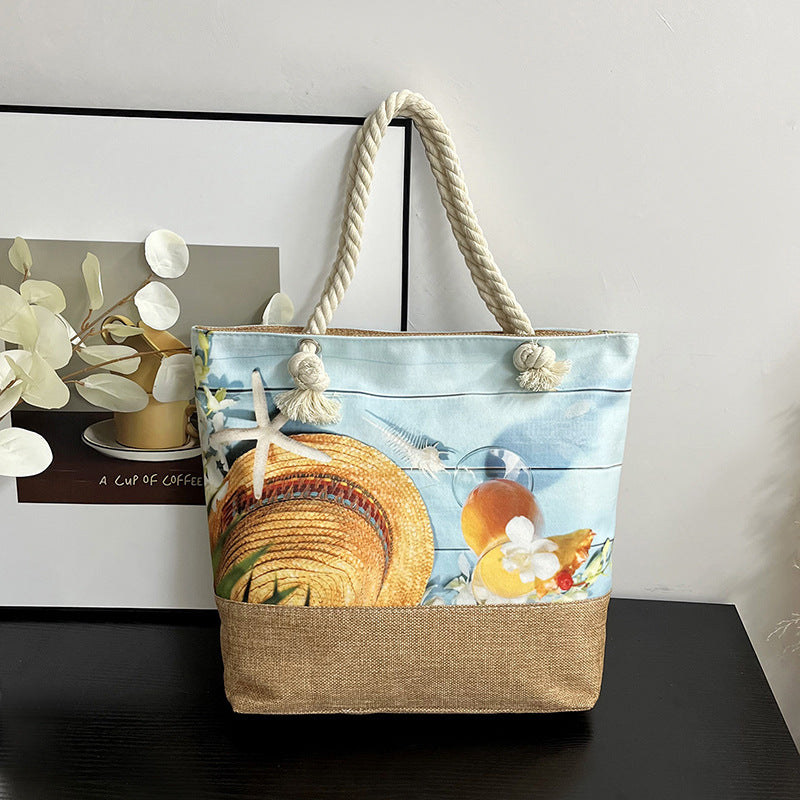 Women's Large Capacity Linen Printed Double-sided Cotton Shoulder Bags