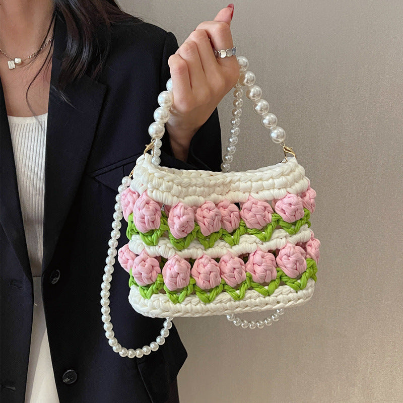 Fairy Style Tulip Hand-woven Strip Thread Material Pearl Crossbody Bags