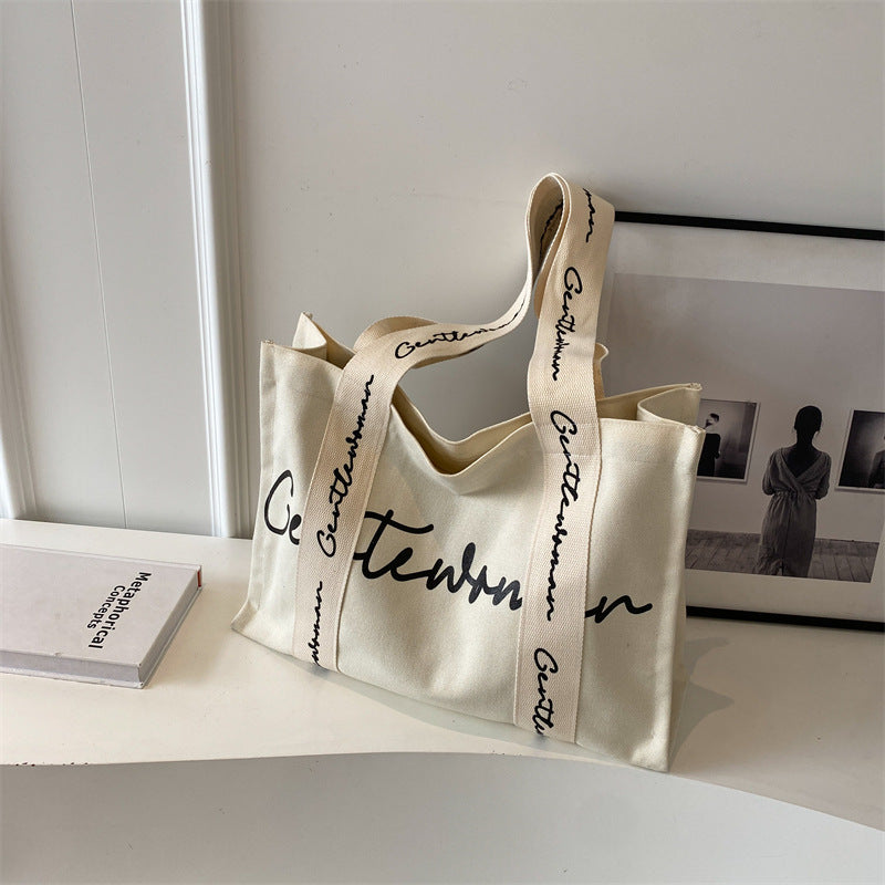 Women's Large Capacity Canvas Simple Letters Class Shoulder Bags