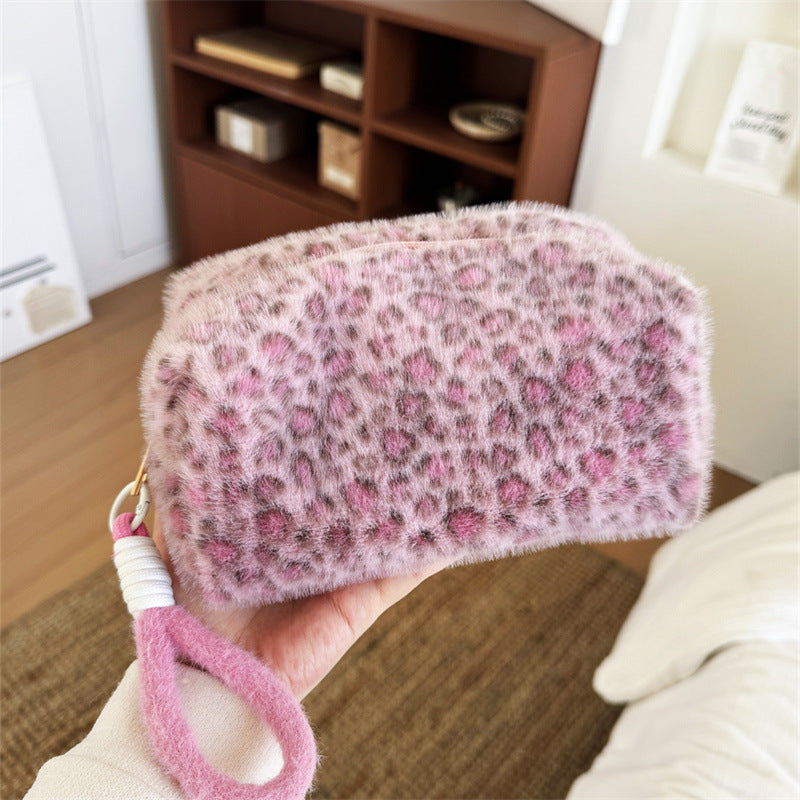 Sweet Cool Leopard Pattern Pink Hand Carrying Large Capacity Portable Makeup Bag