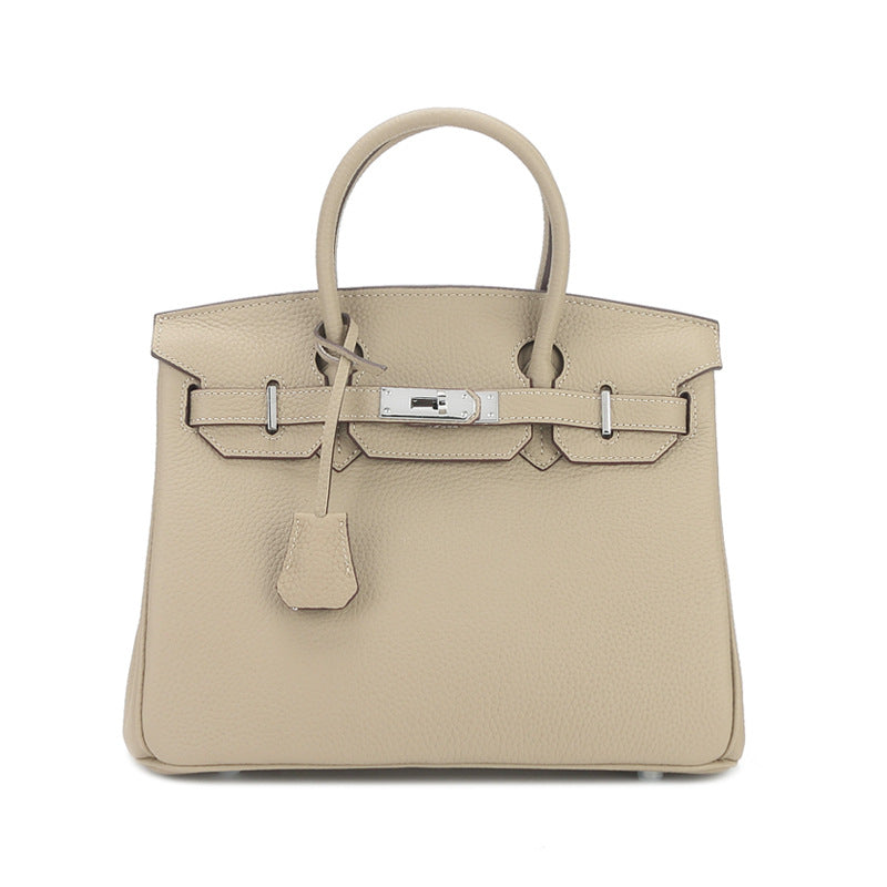 Large Capacity Lychee Pattern Kelly Genuine Cattlehide Leather Handbags