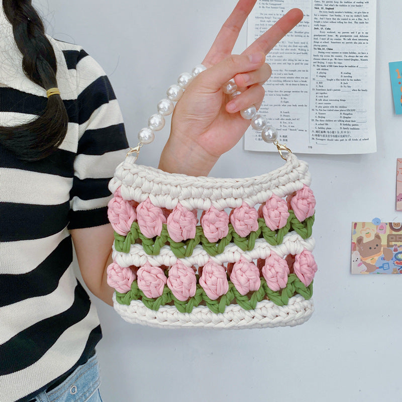 Fairy Style Tulip Hand-woven Strip Thread Material Pearl Crossbody Bags