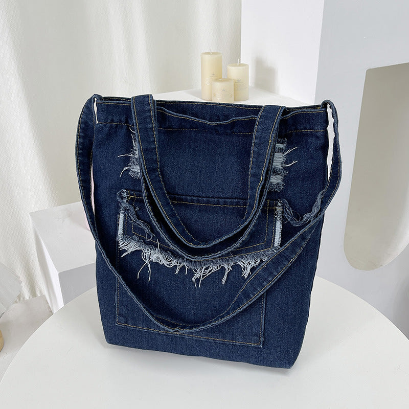 Canvas Denim Washed Cloth Tassel Large Shoulder Bags