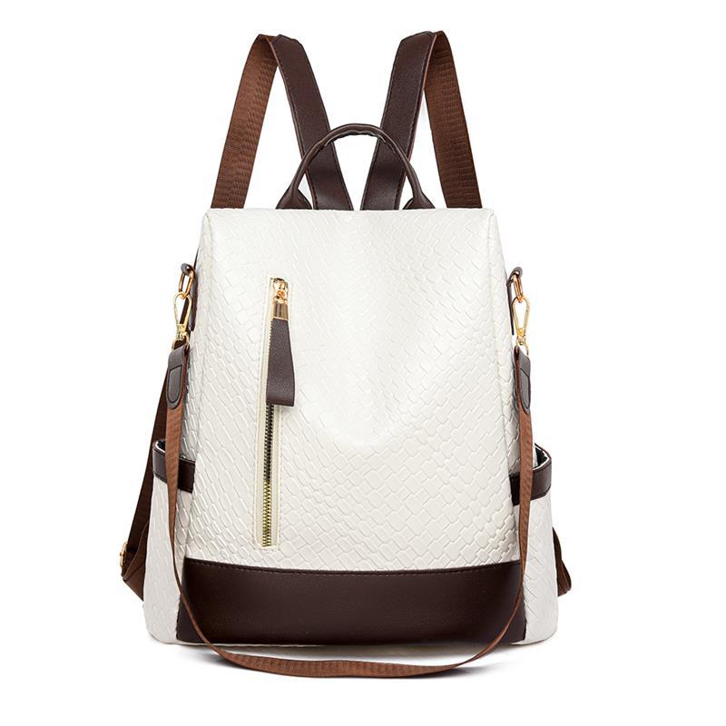 Women's Soft Leather Fashion Color Contrast Woven Backpacks