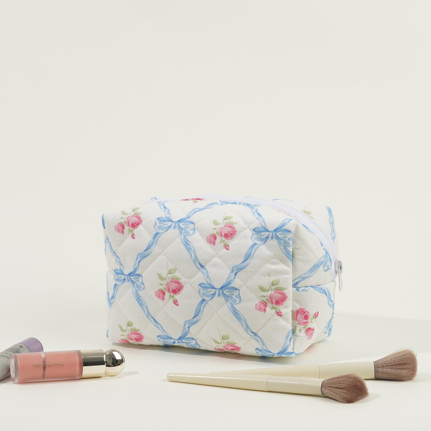 Quilted Large Capacity Bow Printed Rose Cosmetic Bags