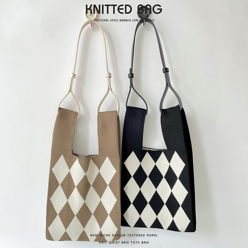 Vest Knitted Black White Rhombus Single Shoulder Bags