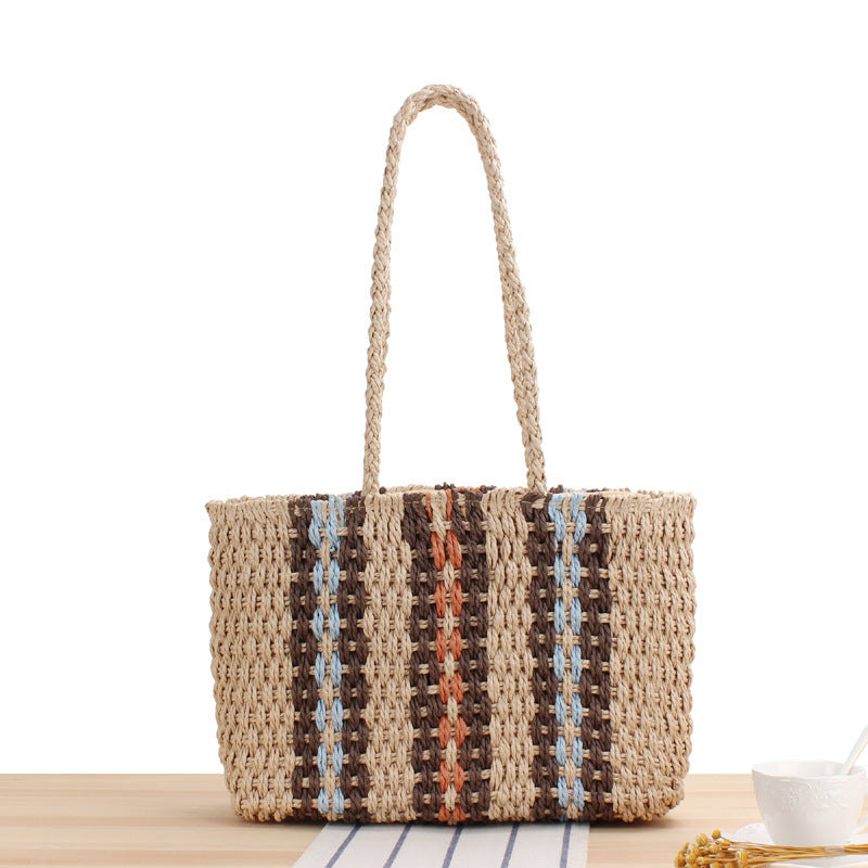 Women's Vertical Striped Straw Fashion Summer Vacation Shoulder Bags