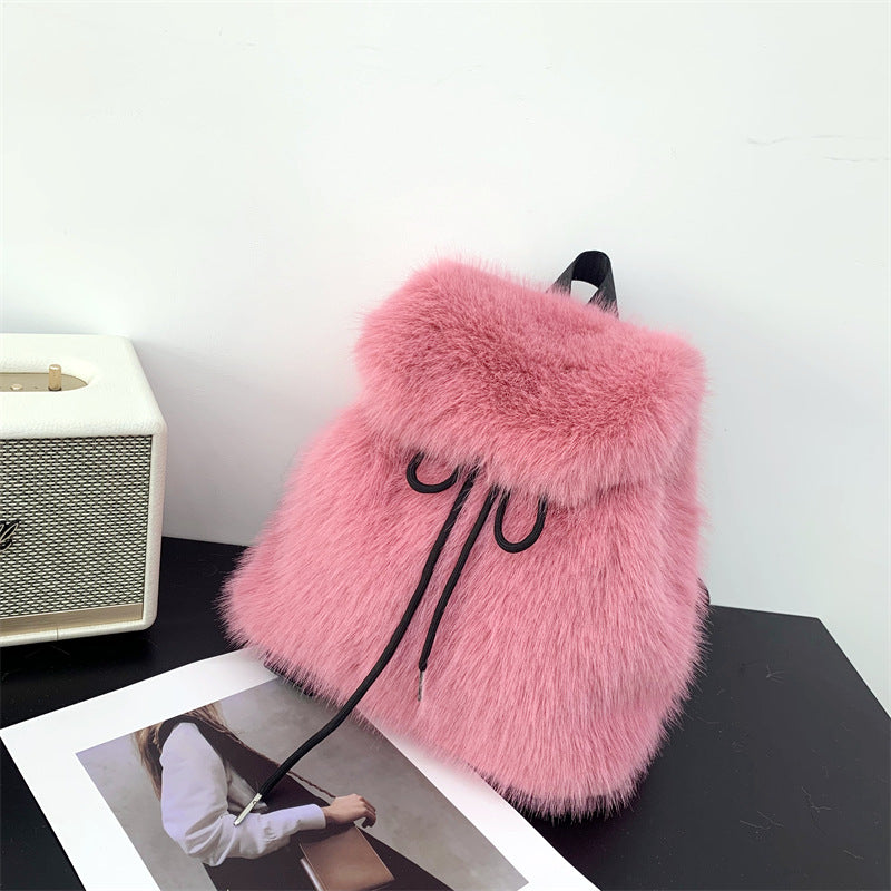Plush Faux Rabbit Fur Large Capacity Drawstring Leopard Print Handbags