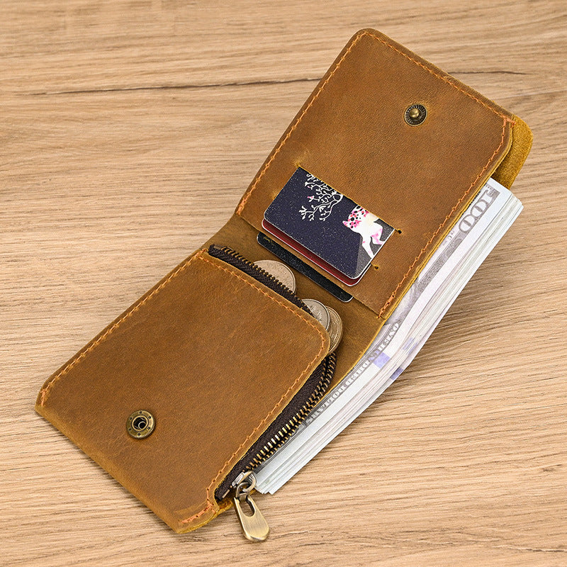 Men's Short With Zipper First Layer Cowhide Multiple Slots Crazy Men's Wallet
