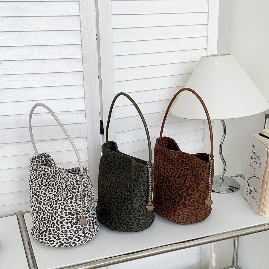 Women's Cylinder Leopard Print Stitching Design Portable Shoulder Bags