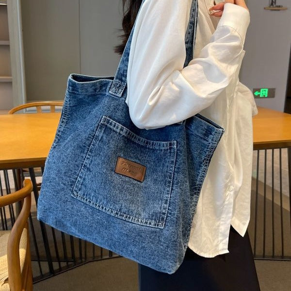 Style Leisure Artistic Washed Denim Cloth Texture Large Crossbody Bags
