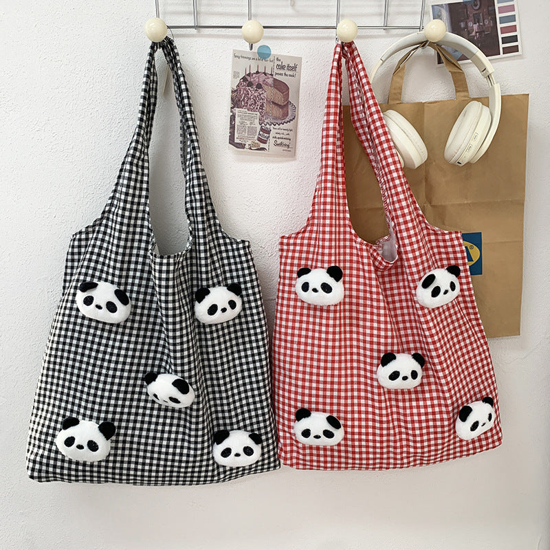 Large Capacity Simple Panda Doll Plaid Vest Shoulder Bags