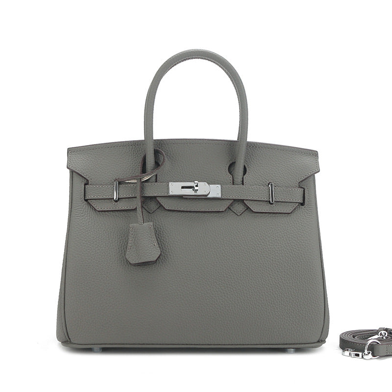 Large Capacity Lychee Pattern Kelly Genuine Cattlehide Leather Handbags