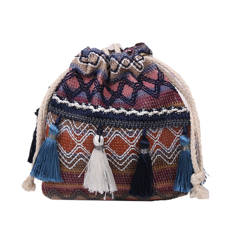 Women's Embroidery Striped Tassel Drawstring Yunnan Vintage Bags