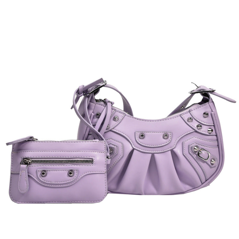 Women's Pleated Crescent Son Mother Retro Rivet Shoulder Bags