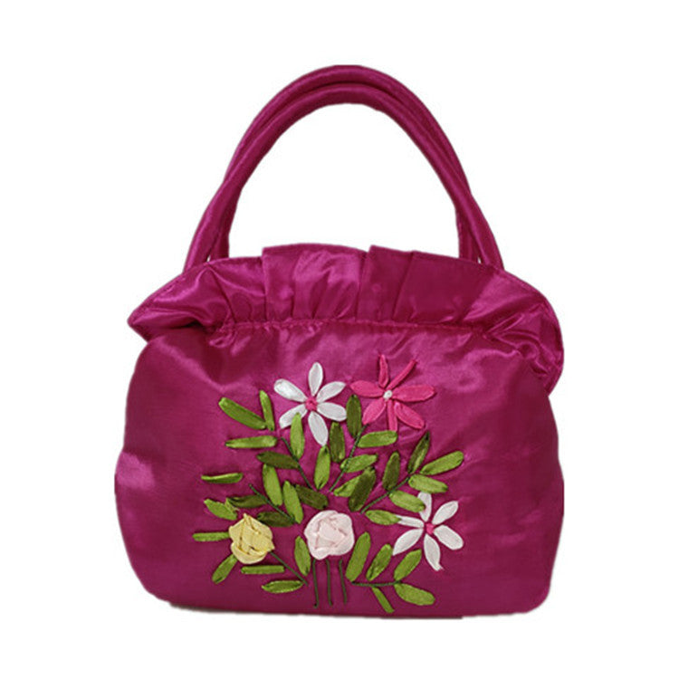 Women's Zipper Handmade Ribbon Embroidered Mom Shopping Handbags
