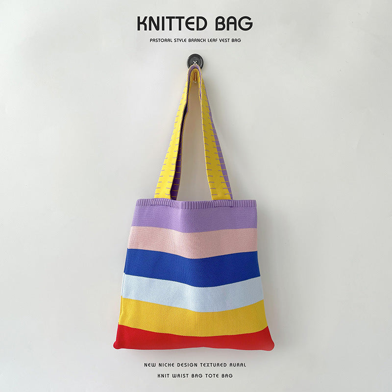 Women's Rainbow Knitted Versatile Large Capacity Commuter Shoulder Bags