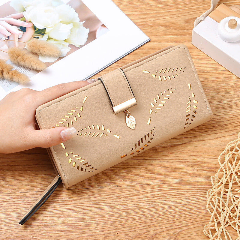 Women's Hollow Leaf Billfold Leather Korean Two-fold Long Zipper Card Holder