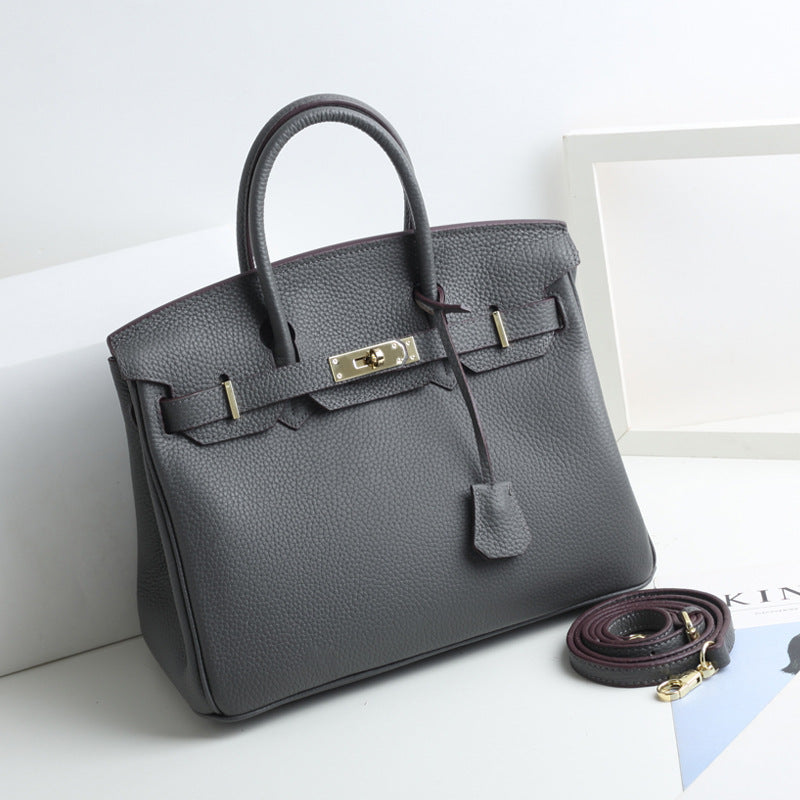 Large Capacity Lychee Pattern Kelly Genuine Cattlehide Leather Handbags