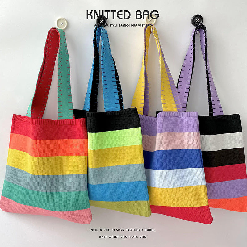 Women's Rainbow Knitted Versatile Large Capacity Commuter Shoulder Bags