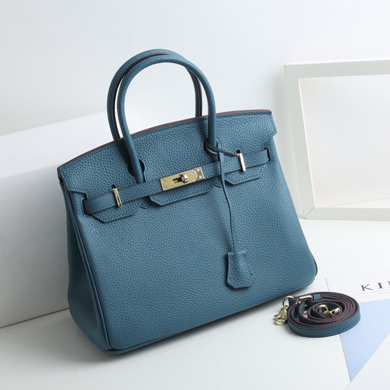 Large Capacity Lychee Pattern Kelly Genuine Cattlehide Leather Handbags