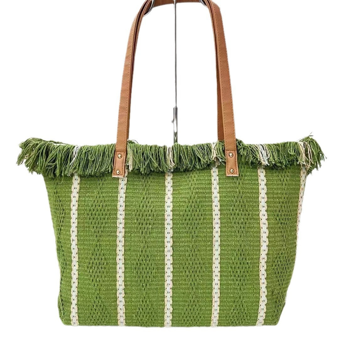 Women's Striped Tassel Portable Simple Versatile Large Tote Bags