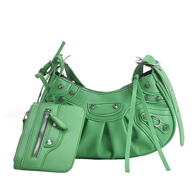 Women's Pleated Crescent Son Mother Retro Rivet Shoulder Bags