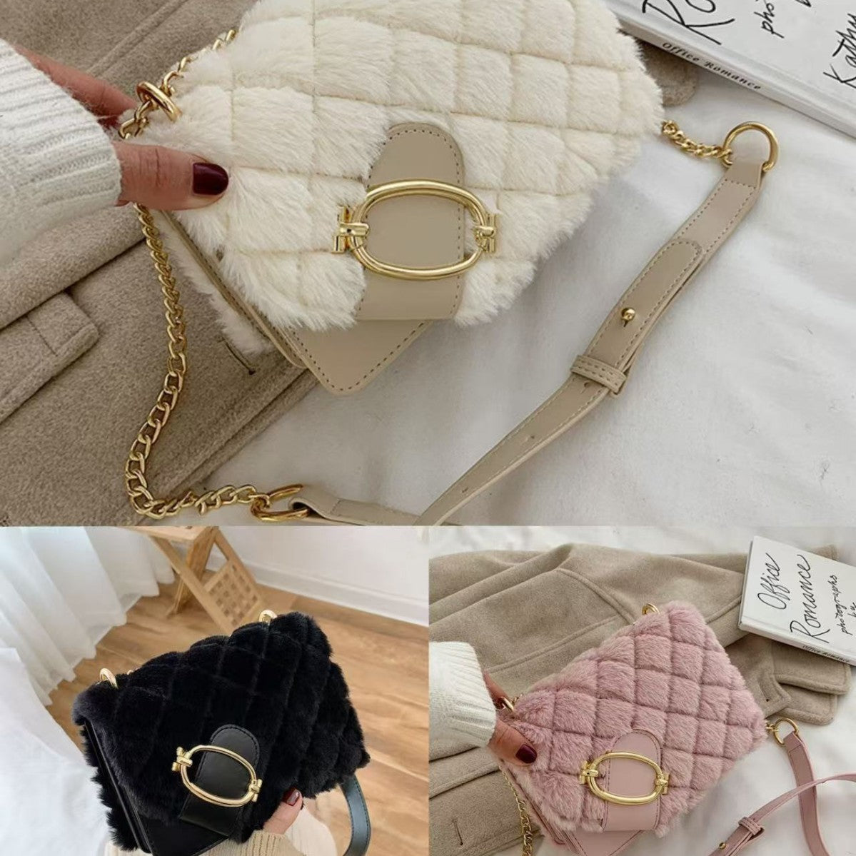 Women's Plush Versatile Chain Rhombus Classic Style Crossbody Bags